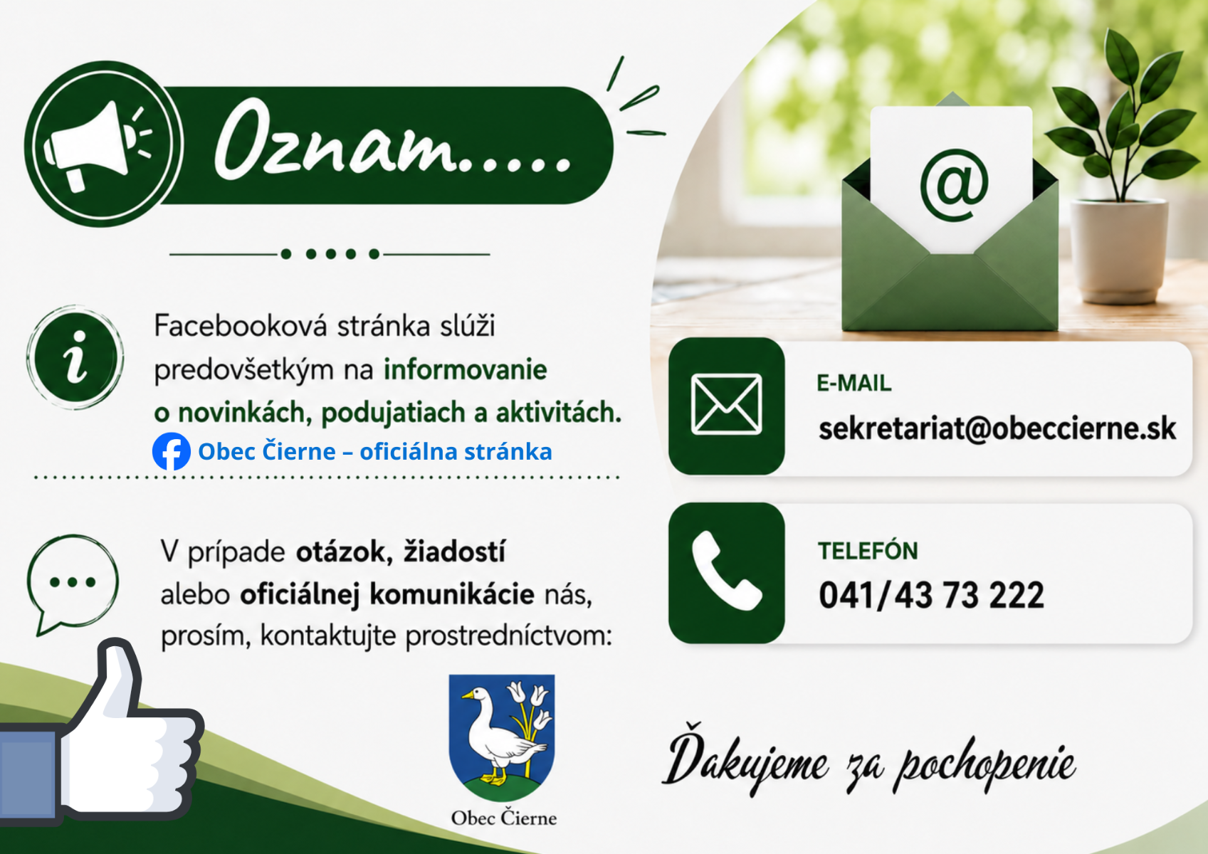 Oznam – Facebookové stránky a oficiálna komunikácia